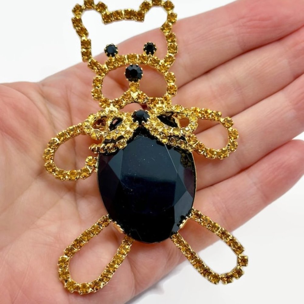 Bear Brooch, Teddy Bear, 3 3/4" Long, Orange Rhinestones, Gold, Vintage Pin